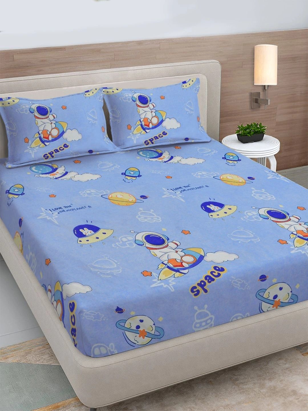 FABINALIV Blue Cartoon Characters 300 TC King Bedsheet with 2 Pillow Covers-picture-13
