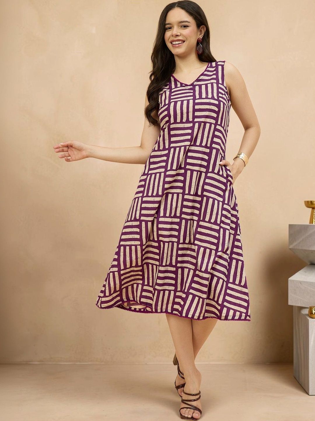 Azira Printed V-Neck A-Line Midi Dress-picture-7