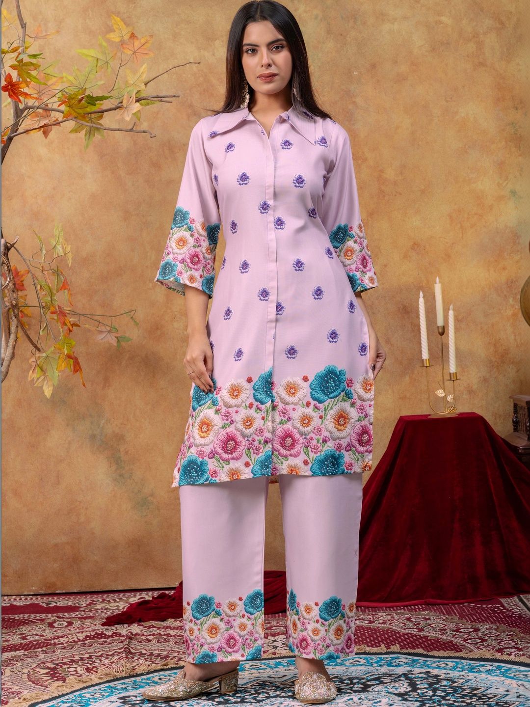 MANVAA Women Floral Embroidered Regular Thread Work Pure Cotton Kurta with Palazzos-picture-6