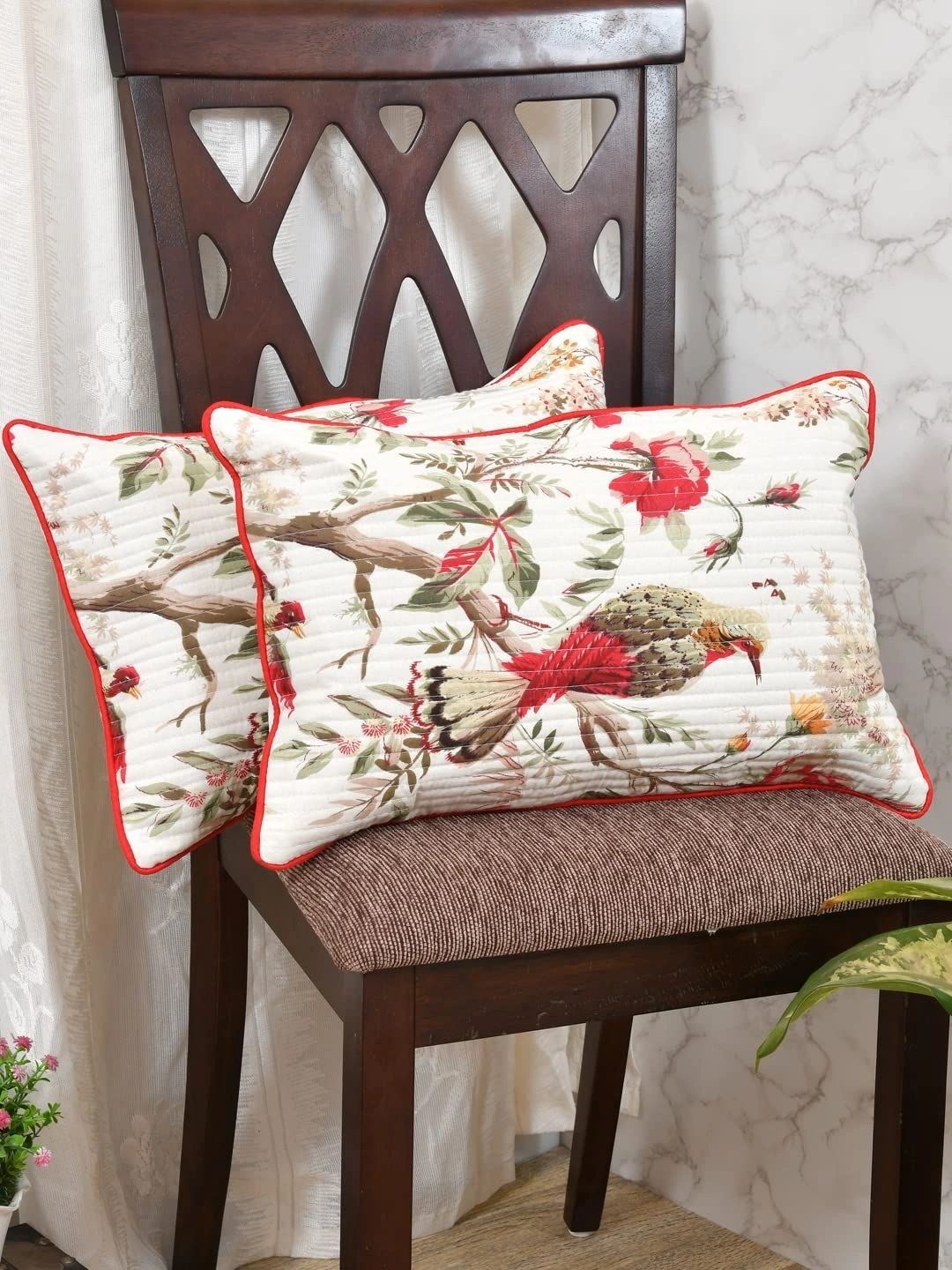 Aura Cream-Coloured & Red Set of 2 Floral Rectangle Cushion Covers-image-15
