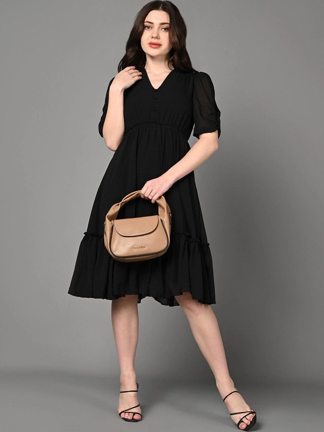 Malta Puff Sleeve Georgette A-Line Dress-image-31