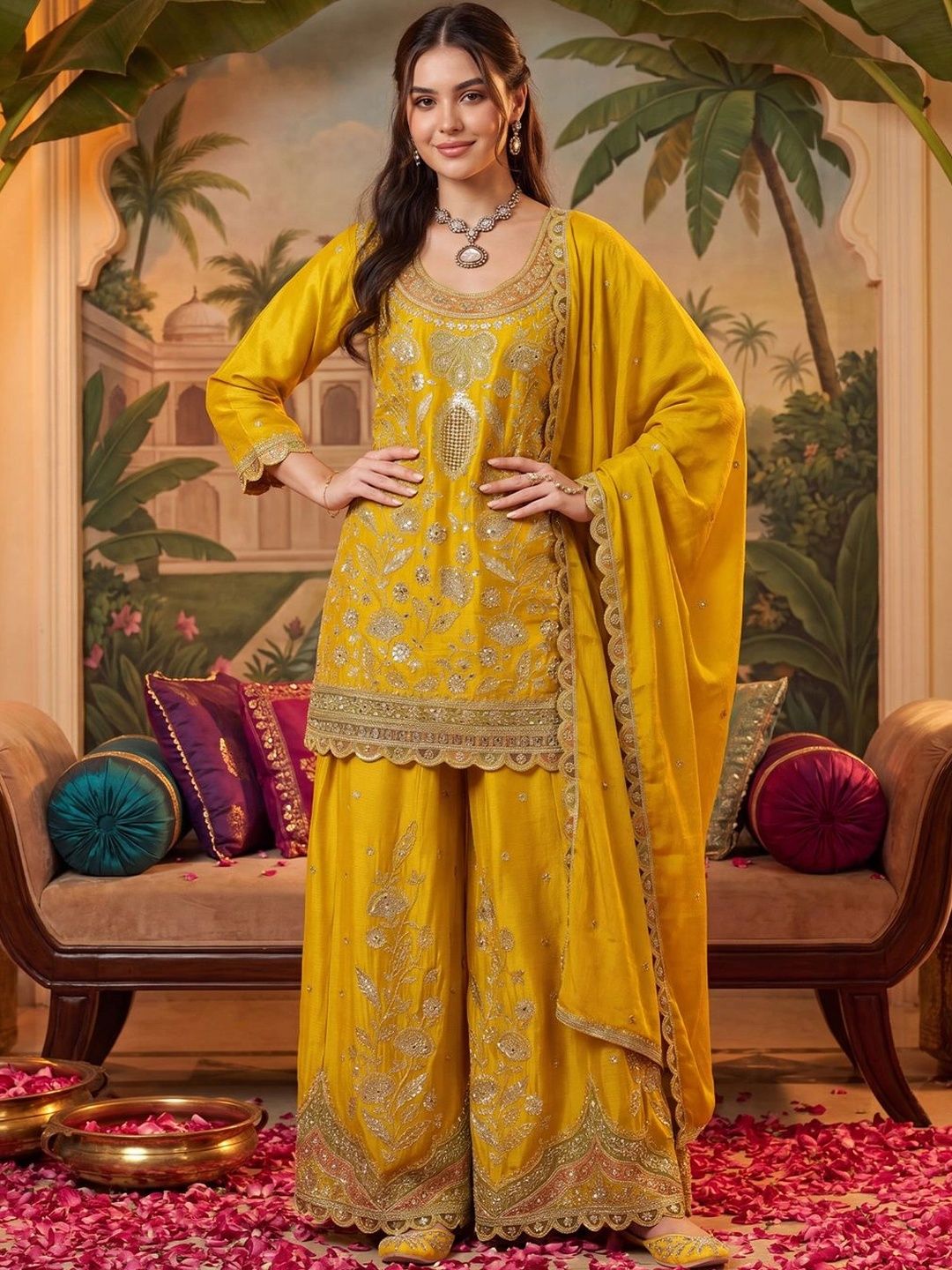 Indo Era Women Ethnic Motifs Embroidered Regular Kurta with Sharara & With Dupatta-picture-35