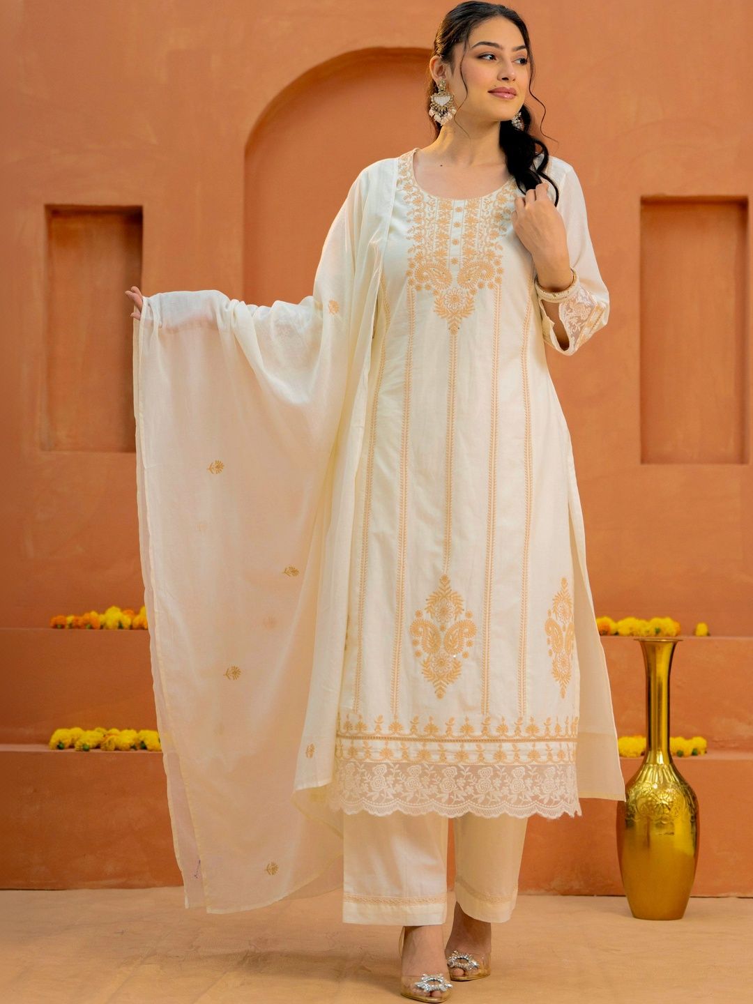 Aramya Women Ethnic Motifs Embroidered Regular Thread Work Pure Cotton Kurta with Trousers & With Dupatta-picture-20