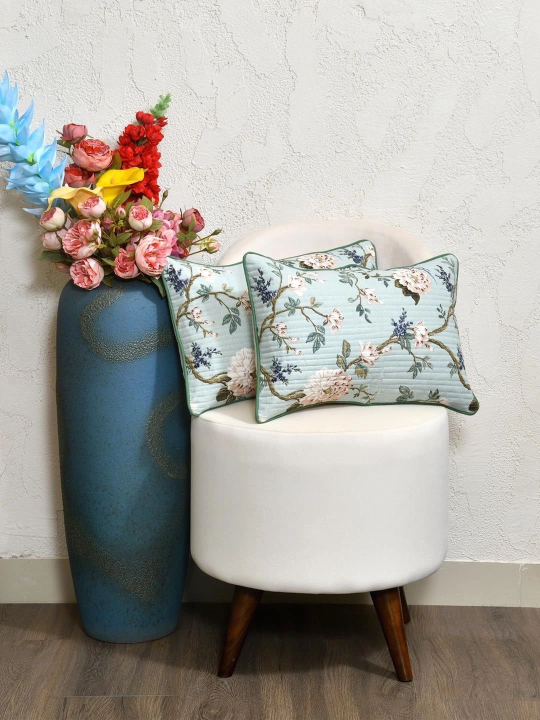 Myntra Elegant Homes Peach-Coloured & Green Set of 2 Floral Square Cushion Covers-picture-31