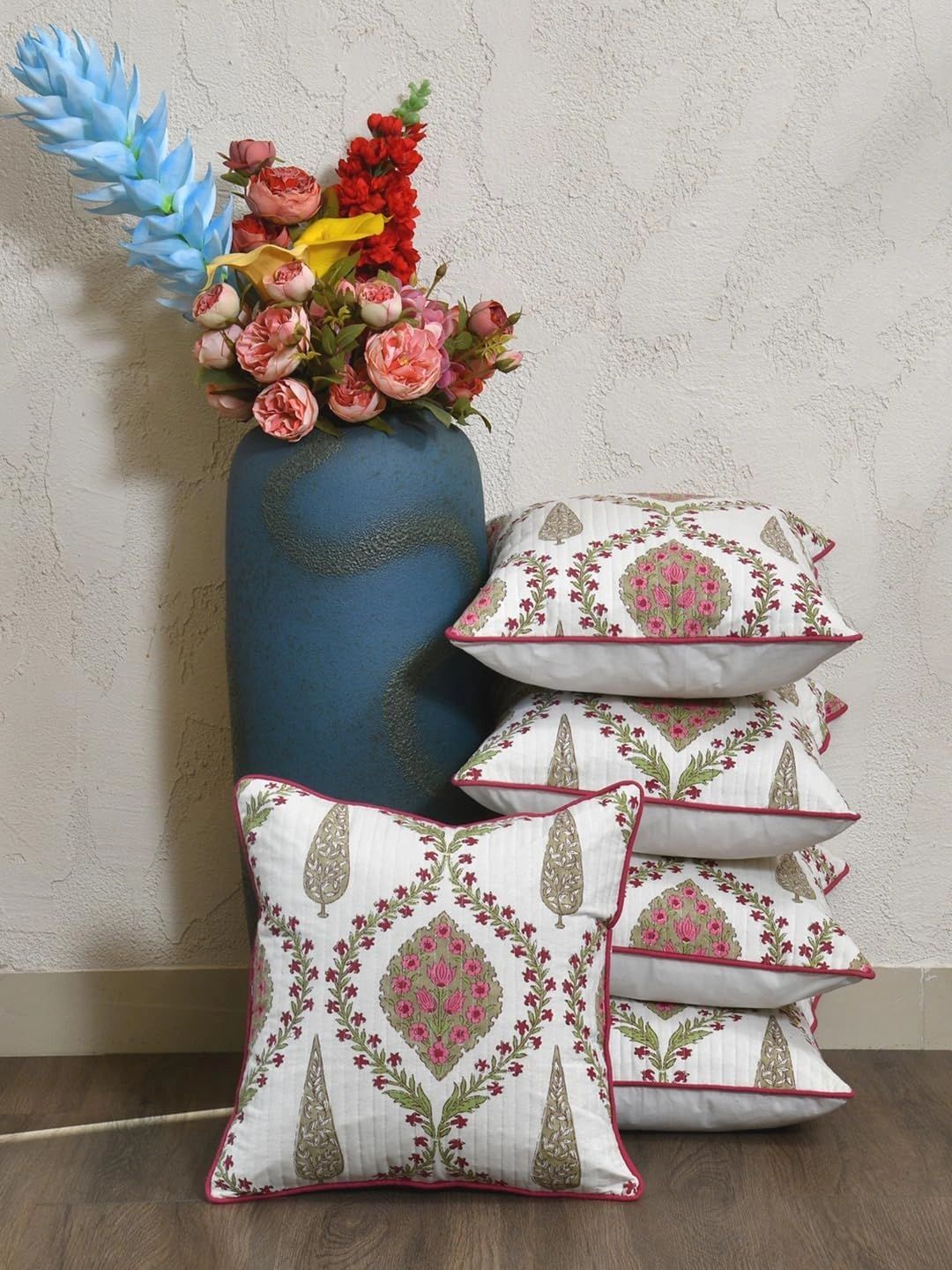 Aura White & Pink Set of 5 Floral Square Cushion Covers-image-41