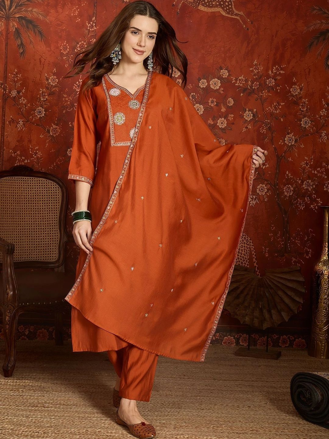 HERE&NOW Women Ethnic Motifs Embroidered Regular Thread Work Kurta with Trousers & With Dupatta-picture-47