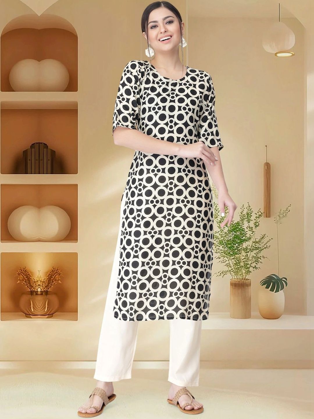 HERE&NOW Women Geometric Printed Crepe Kurta-picture-32