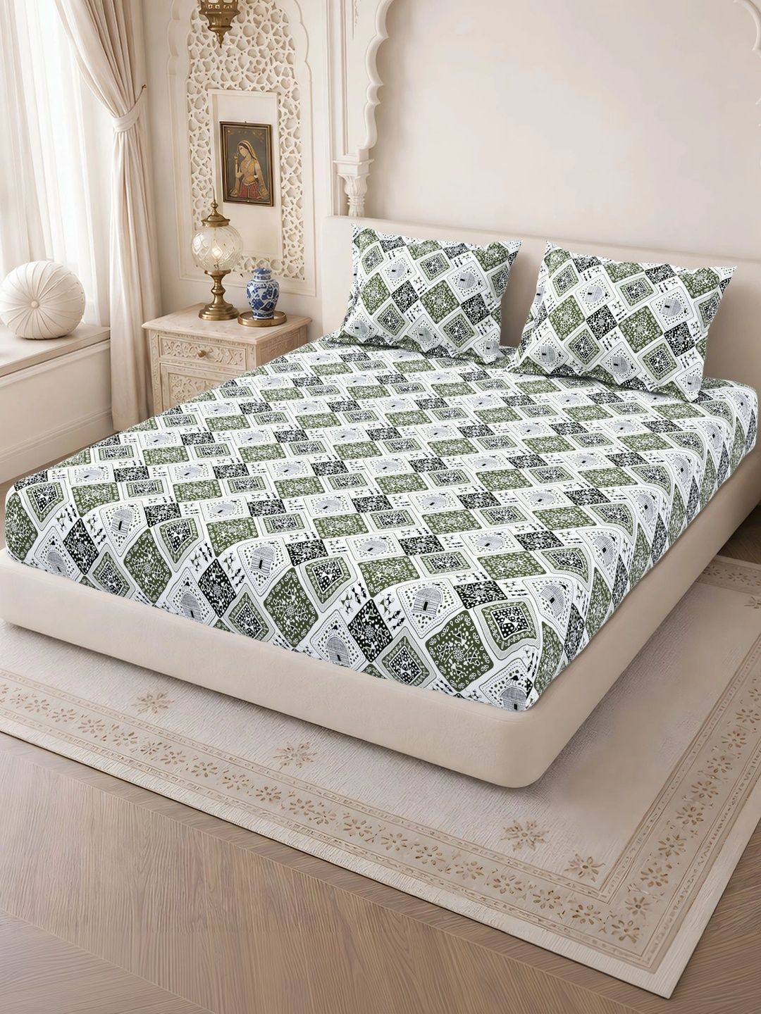 Homeful Style Green & White 160 TC Queen Bedsheet with 2 Pillow Covers-image-8