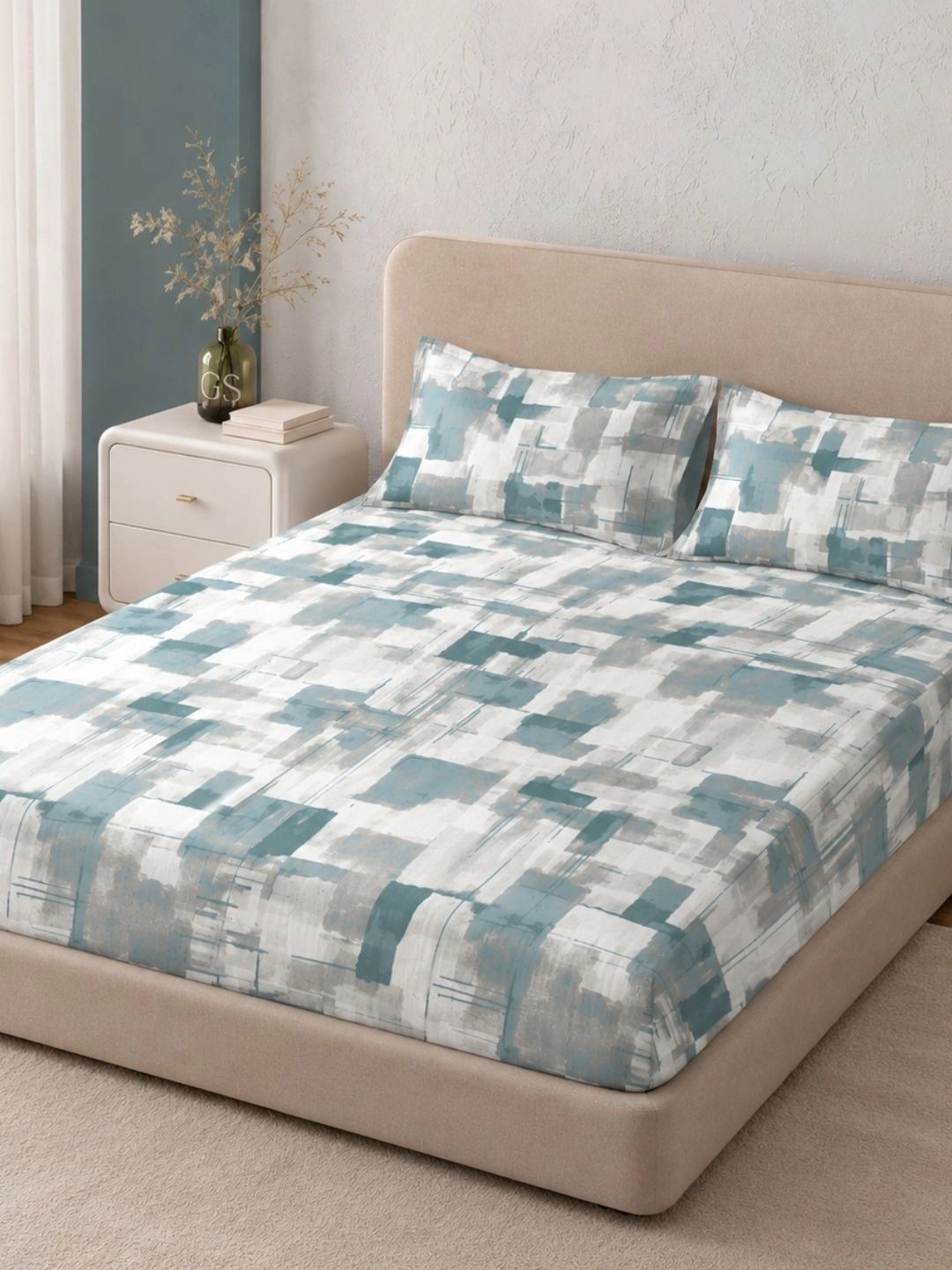 Sleeping Owls- because your sleep matters Sea Green & Grey 220 TC King Bedsheet with 2 Pillow Covers-image-46
