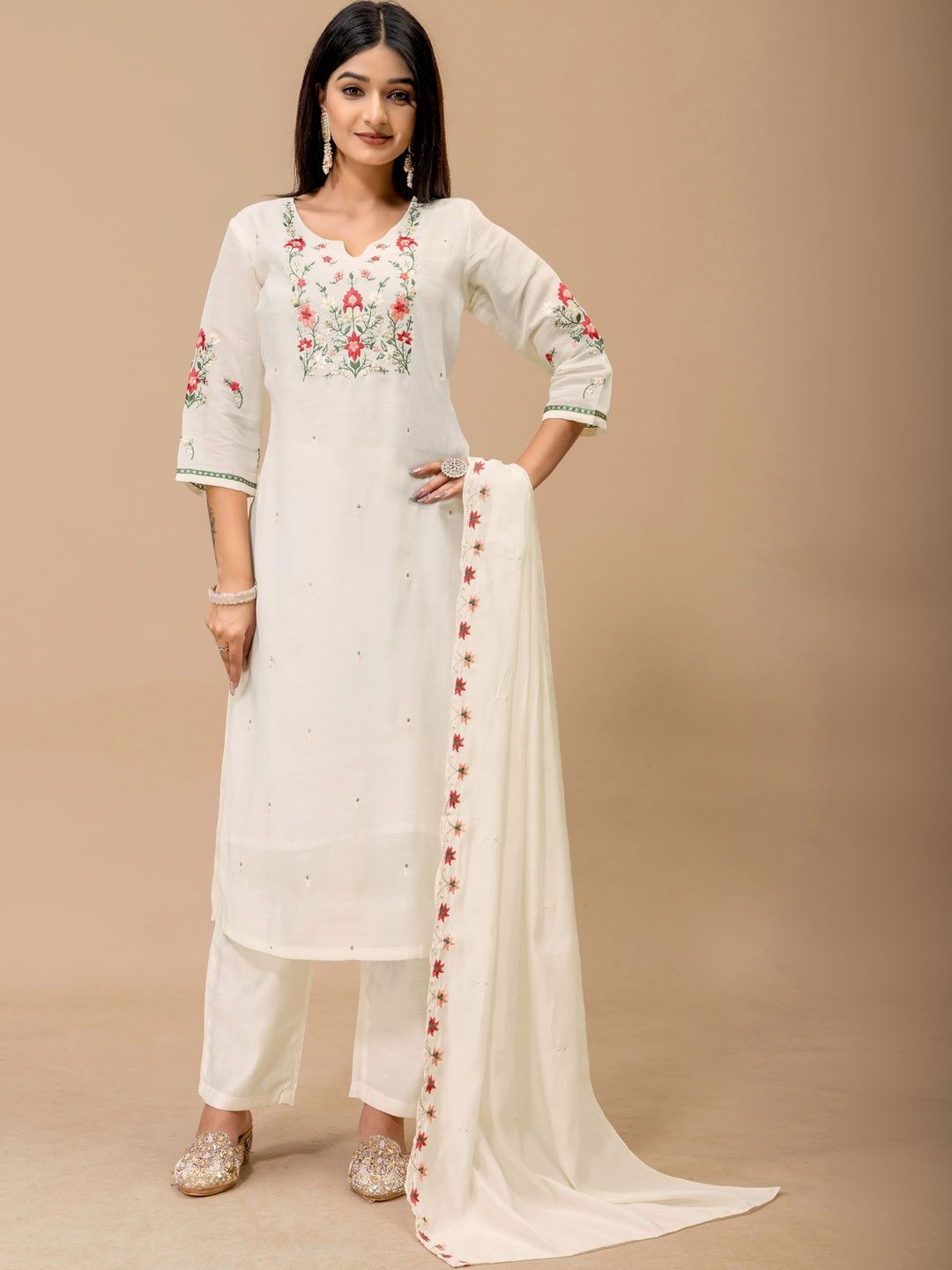 MANVAA Women Floral Embroidered Regular Thread Work Kurta with Trousers & With Dupatta-picture-48