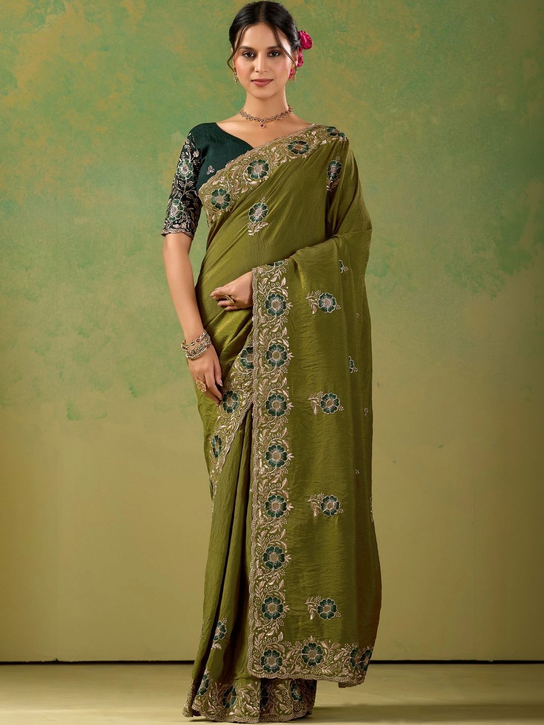 all about you Floral Embroidered Poly Chiffon Designer Saree-picture-29