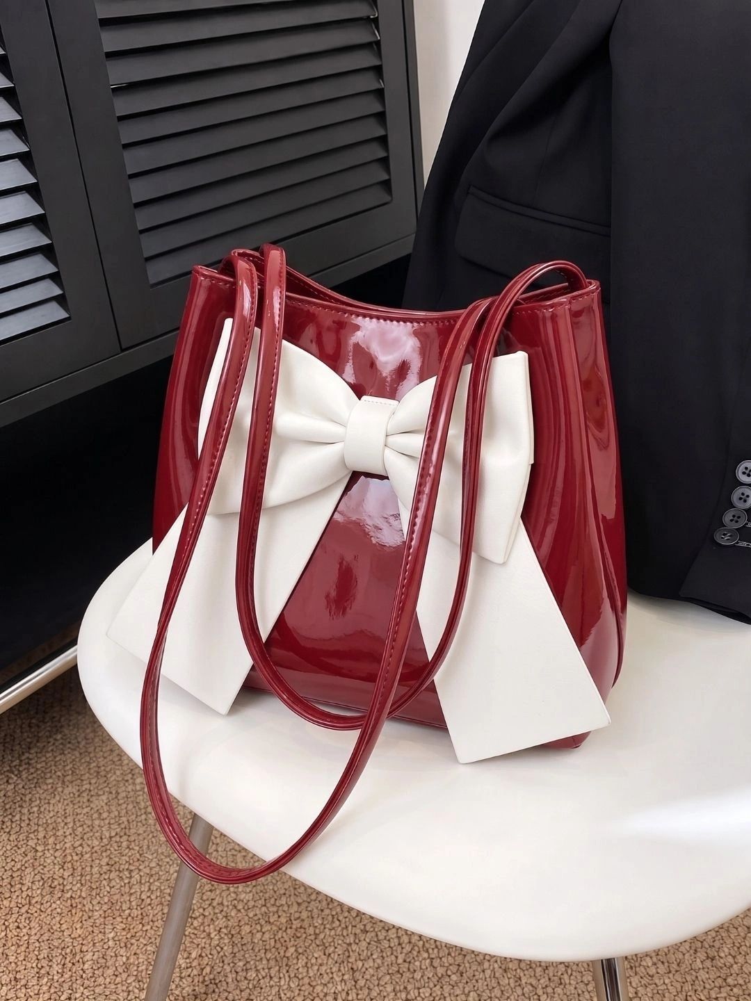 LIKE STYLE PU Oversized Structured Tote Bag with Bow Detail-image-9