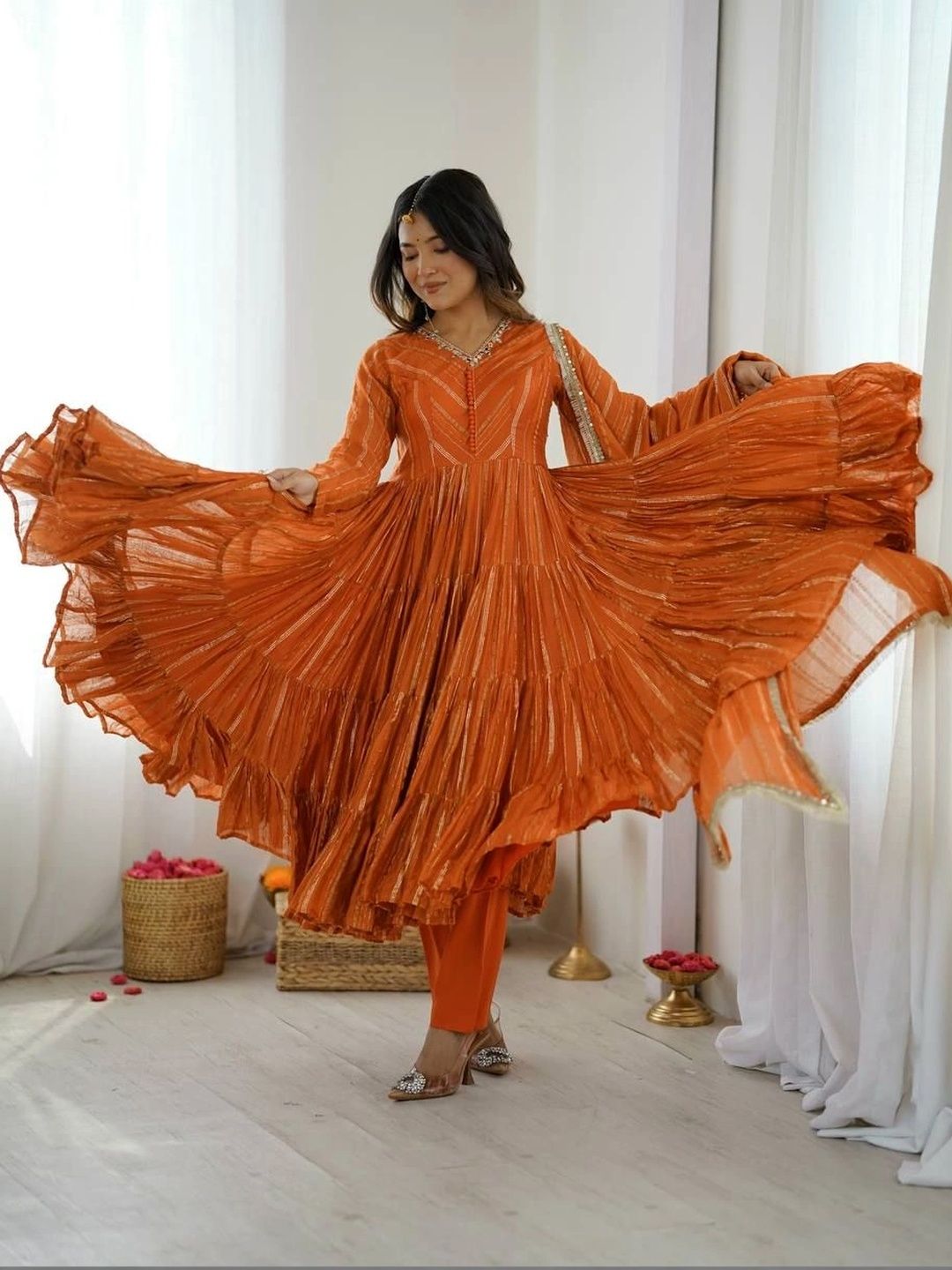 SWORNY FASHION Women Printed Tiered Gotta Patti Chanderi Silk Kurta with Trousers & With Dupatta-picture-48