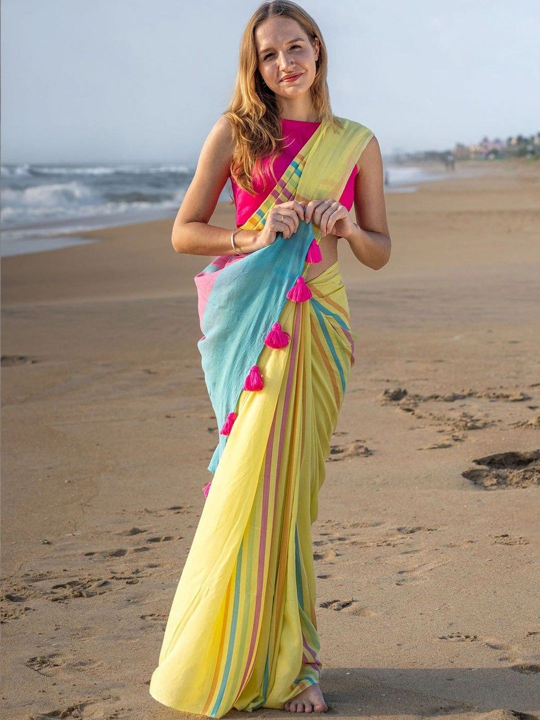 HERE&NOW Striped Linen Blend Taant Saree-picture-25