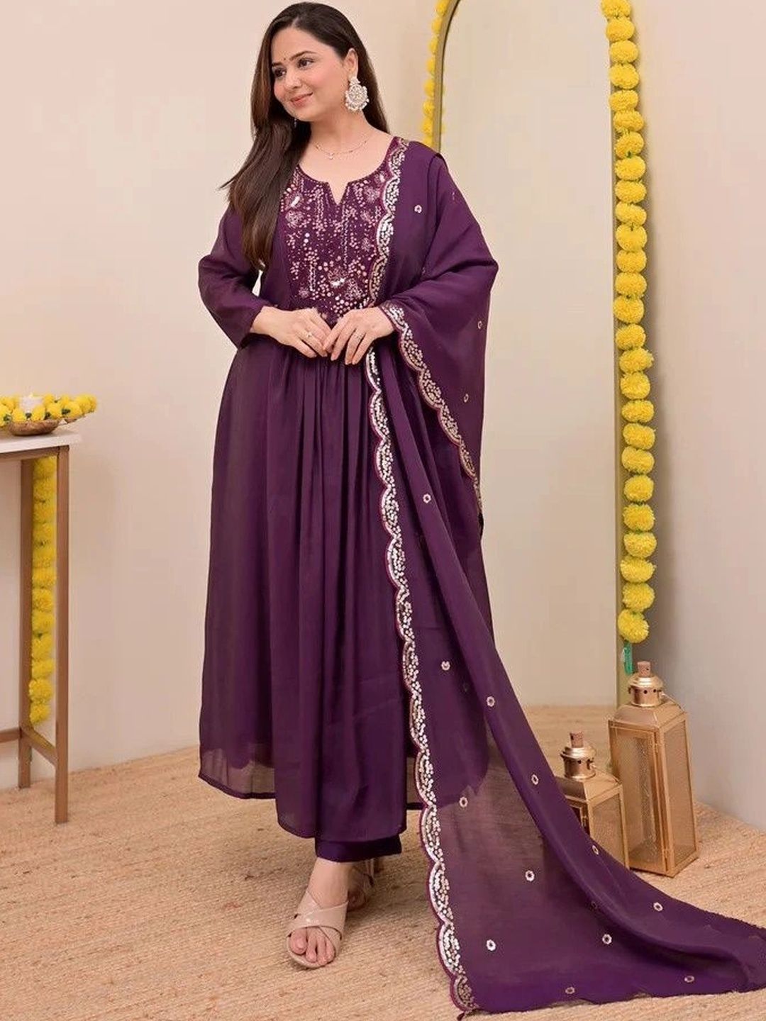 Tankori Women Embroidered Regular Thread Work Chanderi Silk Kurta with Trousers & With Dupatta-image-48