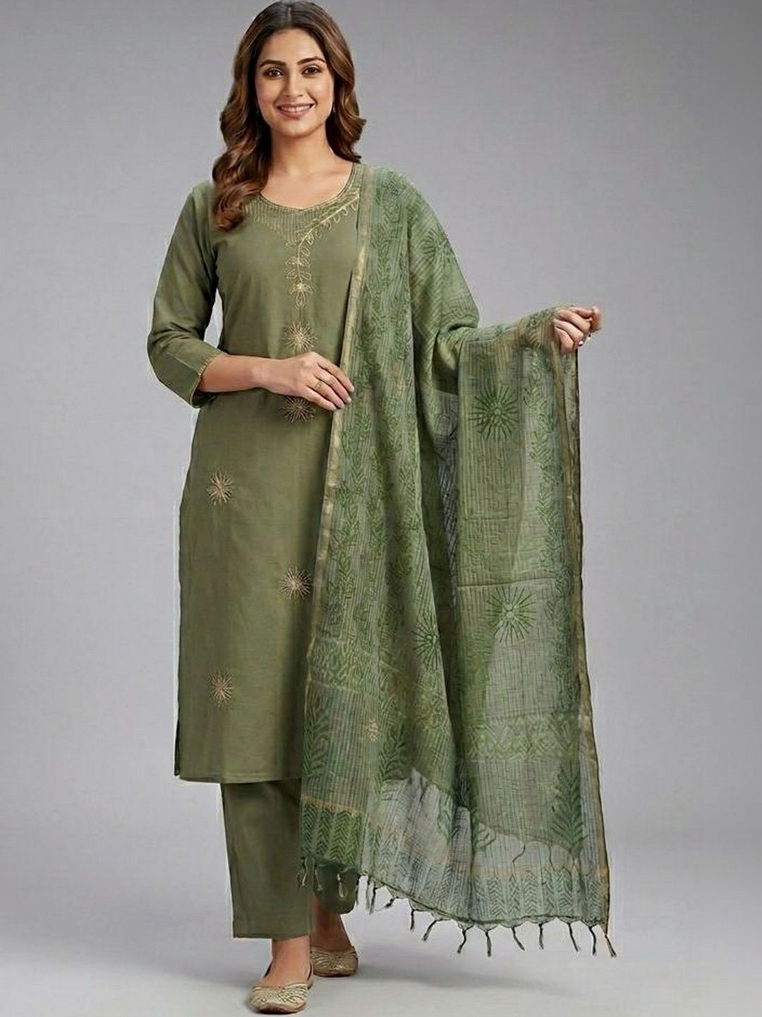 KALINI Women Ethnic Motifs Embroidered Regular Thread Work Pure Cotton Kurta with Trousers & With Dupatta-picture-34