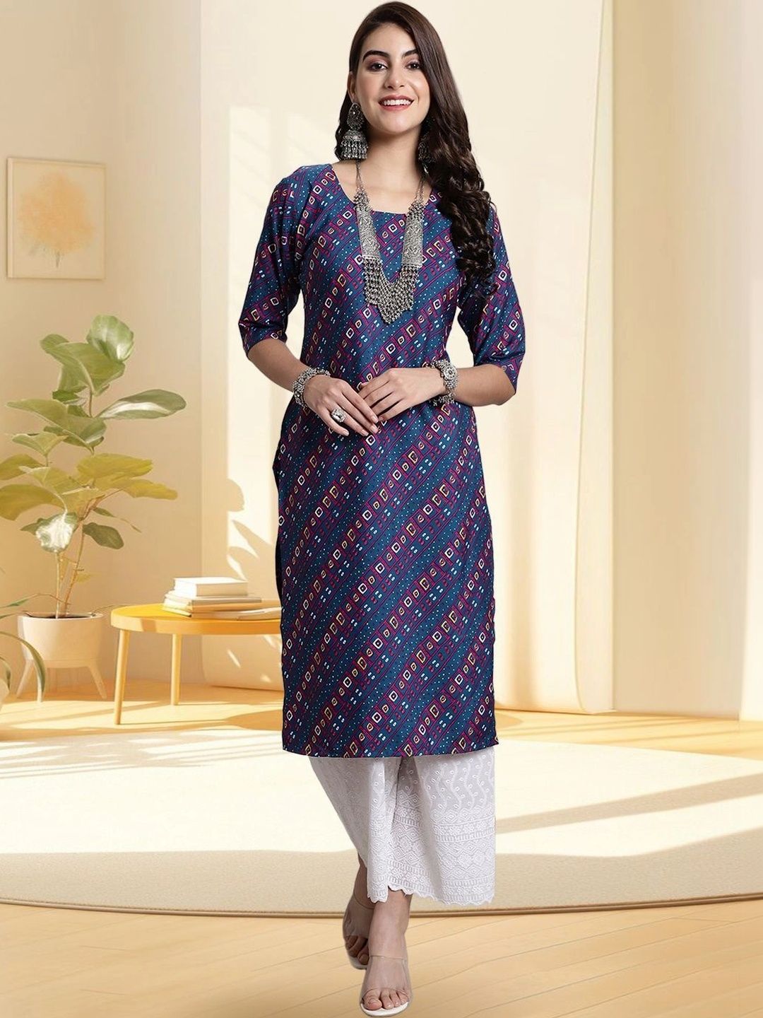HERE&NOW Women Geometric Printed Crepe Kurta-picture-20