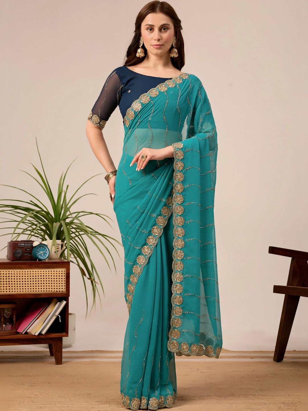 all about you Floral Embroidered Poly Georgette Designer Saree-picture-19