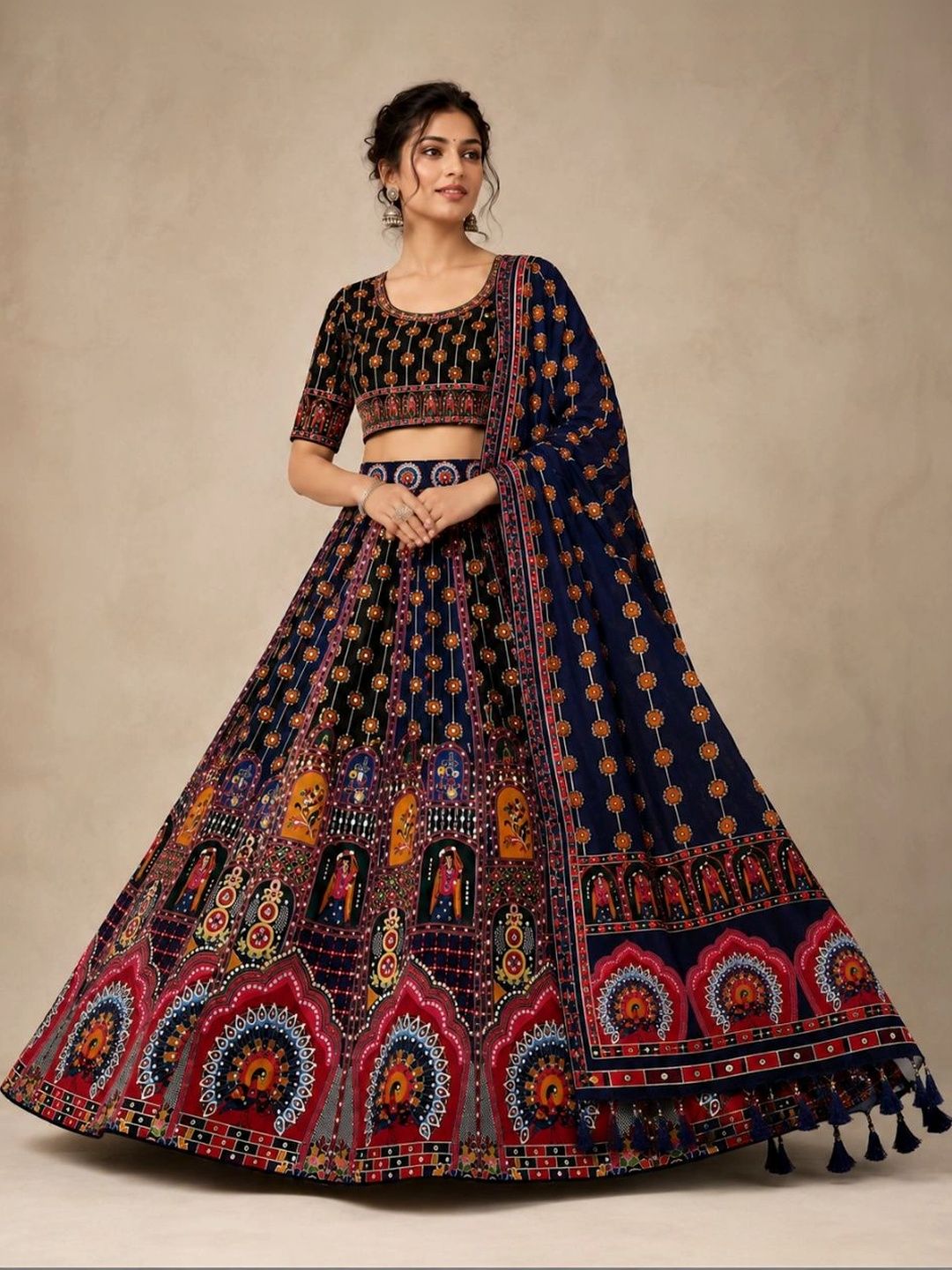 KAHIRAA WHOLETEX Embellished Mirror Work Semi-Stitched Lehenga & Unstitched Blouse With Dupatta-image-37