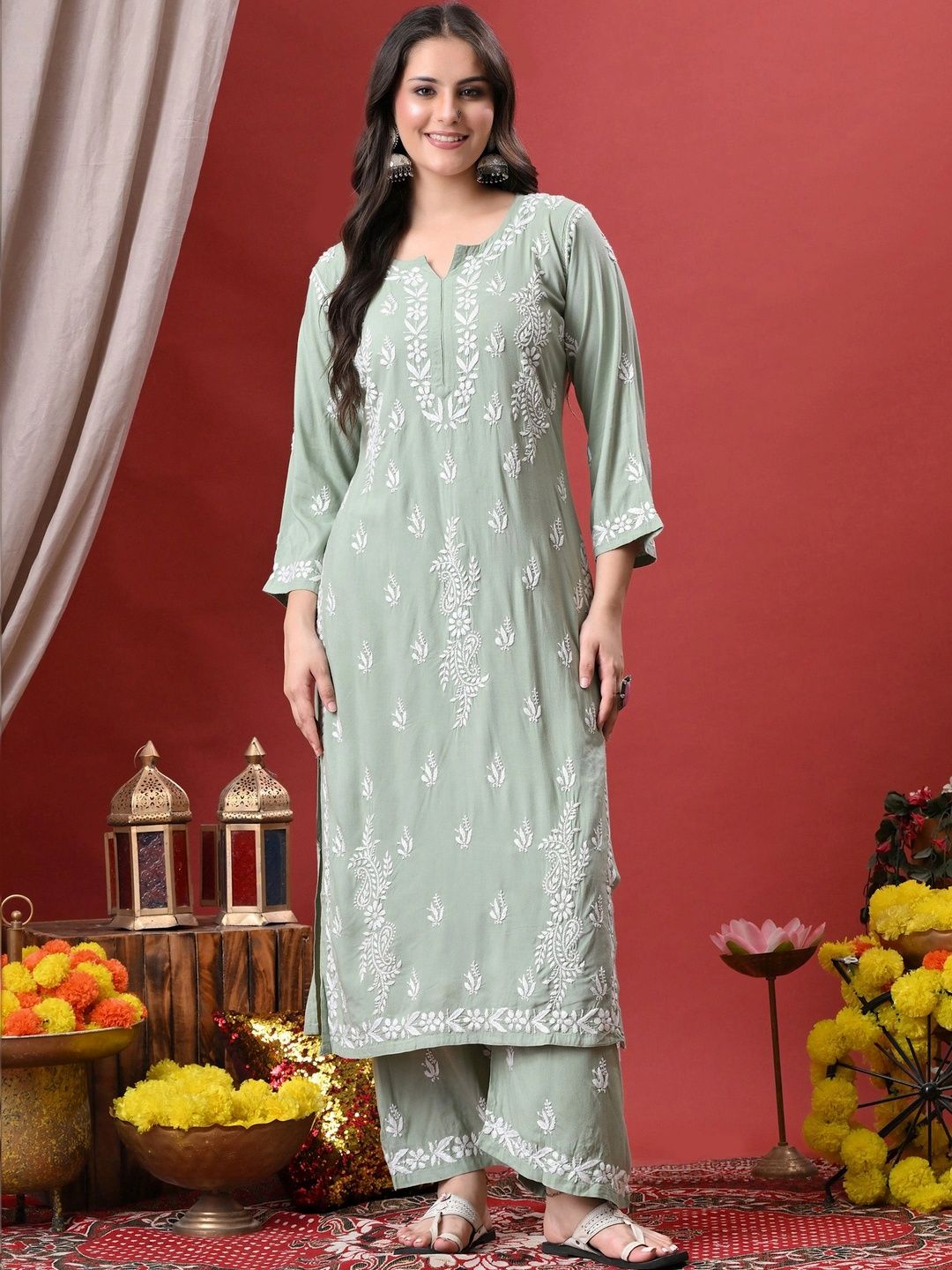 Syrish Women Ethnic Motifs Embroidered Regular Thread Work Kurta with Palazzos-picture-35