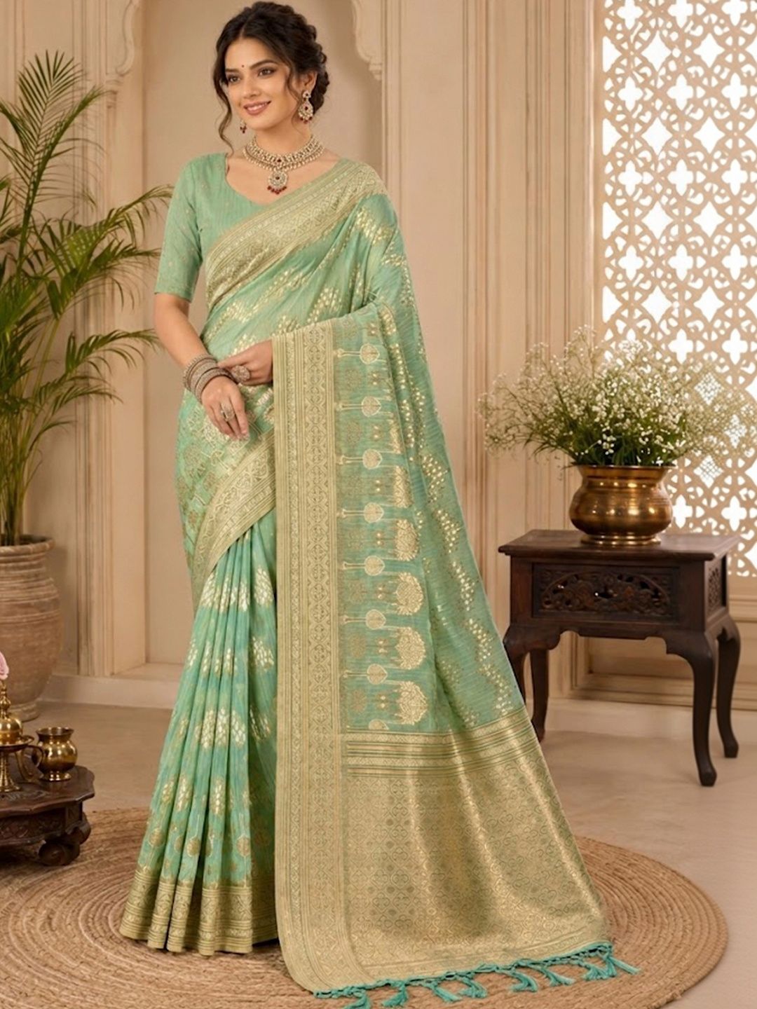 SANGAM PRINTS Woven Design Zari Tussar Saree-picture-11