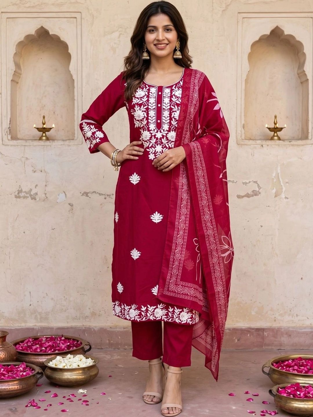 Anouk Women Floral Embroidered Regular Thread Work Pure Cotton Kurta with Trousers & With Dupatta-picture-27