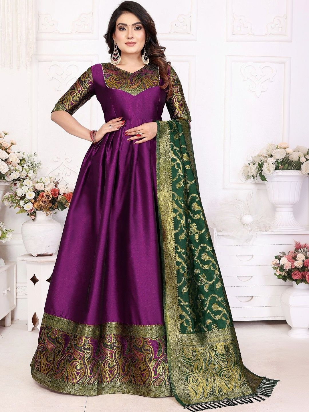 Kinjhit Fashion Woven Design V-Neck Gown Ethnic Dresses With Dupatta-picture-32