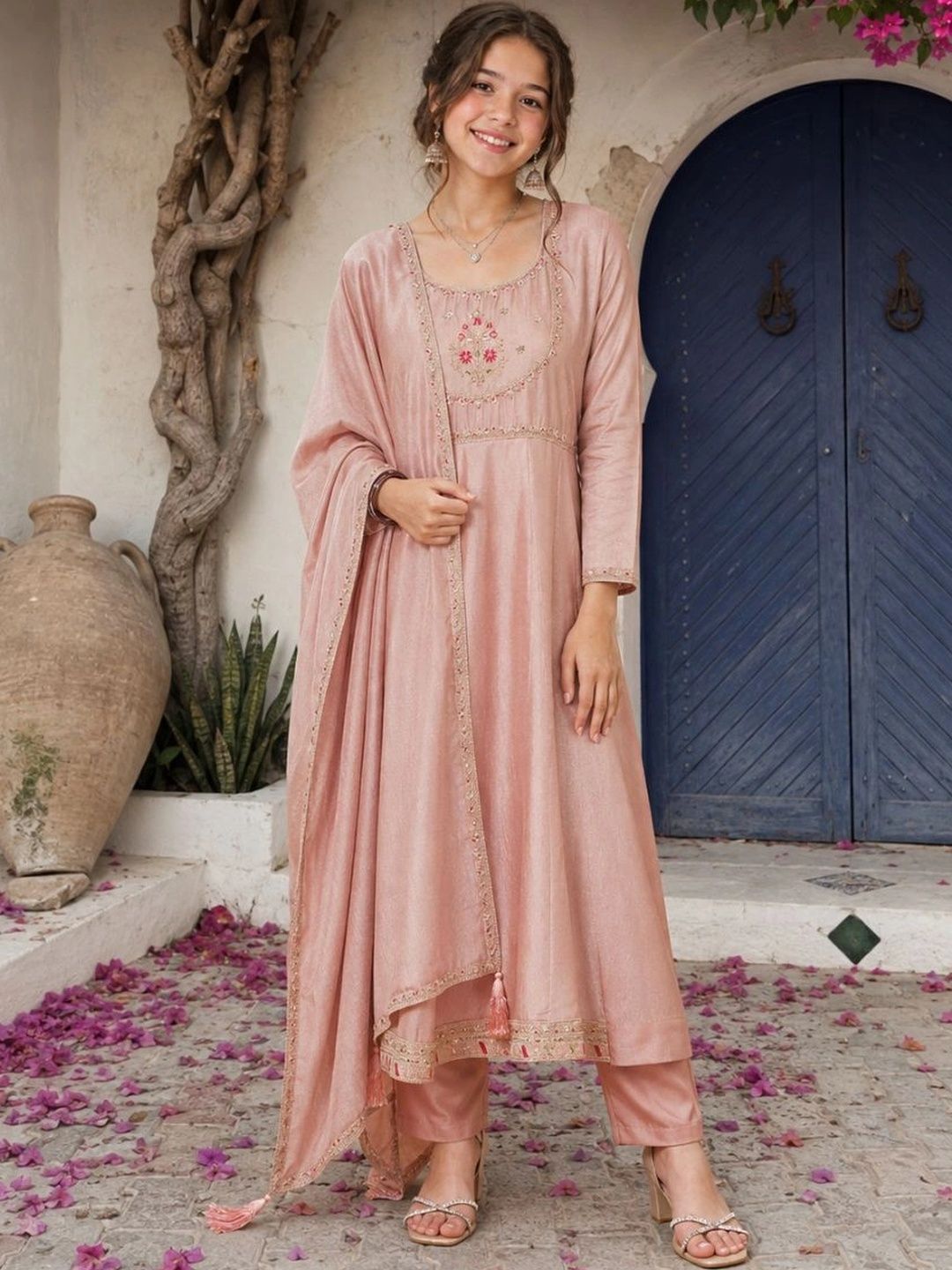 CurlyTales Girls Ethnic Motifs Embroidered Empire Thread Work Pure Silk Kurta with Trousers & With Dupatta-picture-23