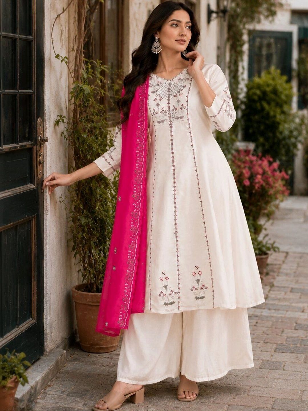 AMEVI Floral Embroidered Thread Work Thread Work Panelled Kurti-image-42