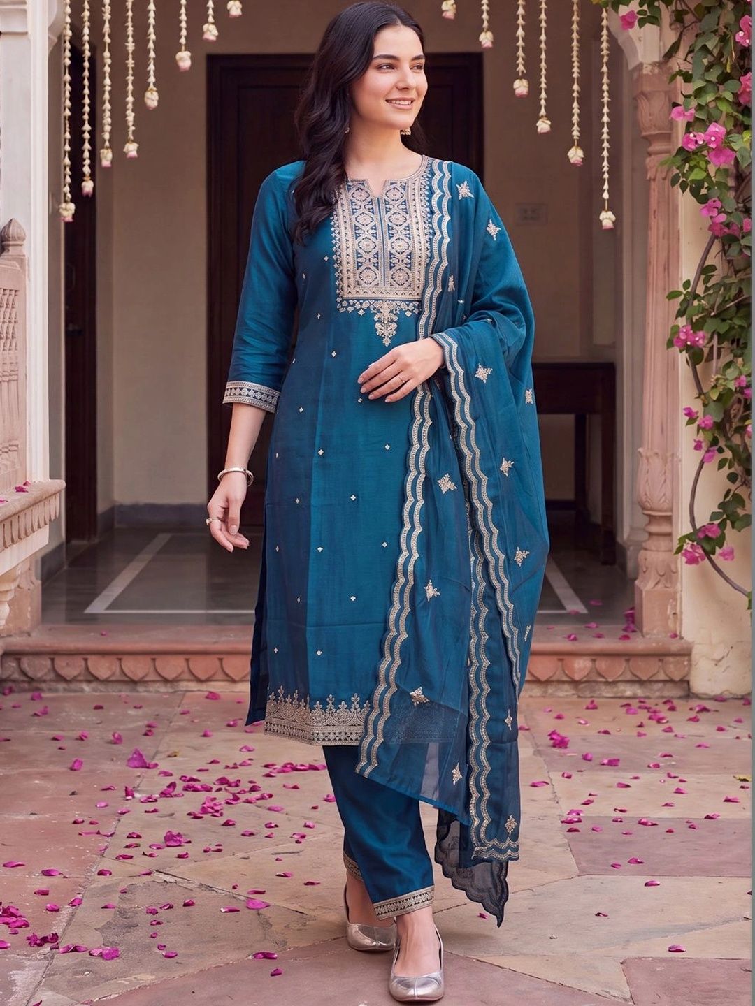 Indo Era Women Ethnic Motifs Embroidered Regular Thread Work Kurta with Trousers & With Dupatta-picture-33