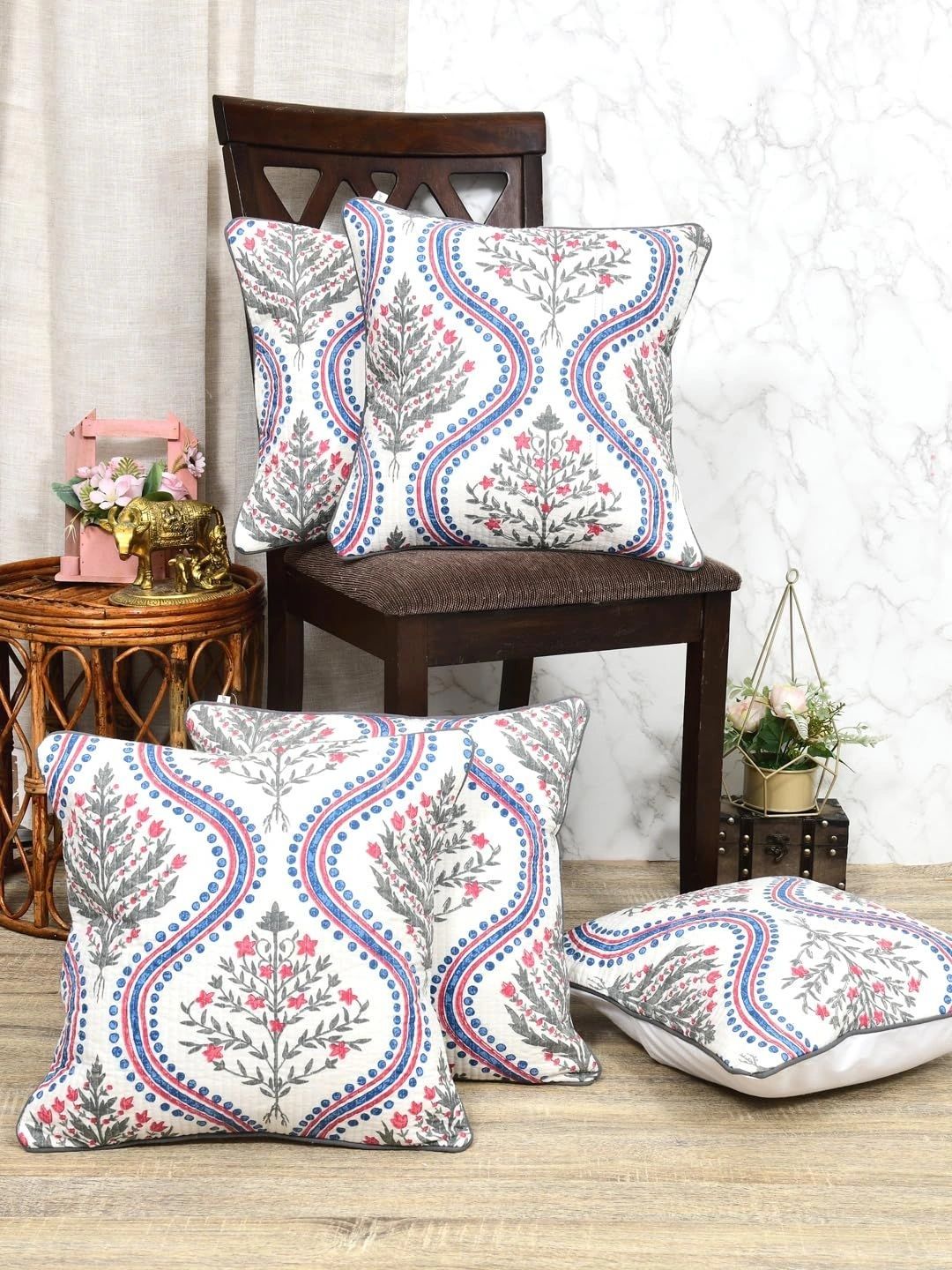 Aura White & Multicoloured Set of 5 Floral Square Cushion Covers-picture-5