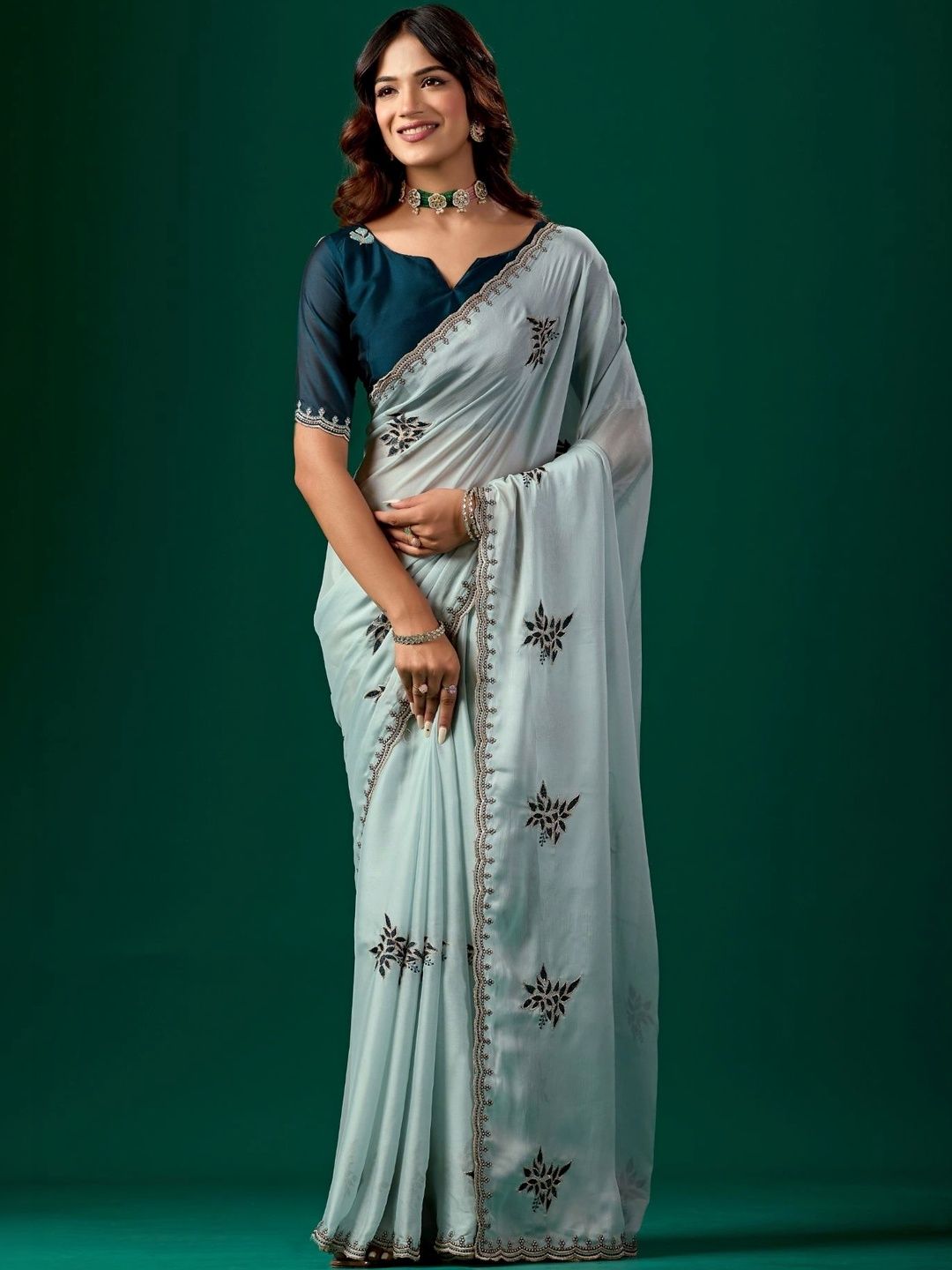 all about you Floral Embroidered Poly Chiffon Designer Saree-picture-42