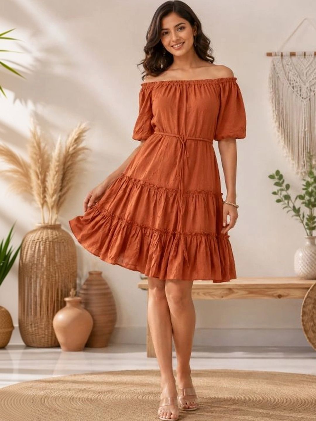 NoBarr Off-Shoulder Puff Sleeve A-Line Dress-image-35