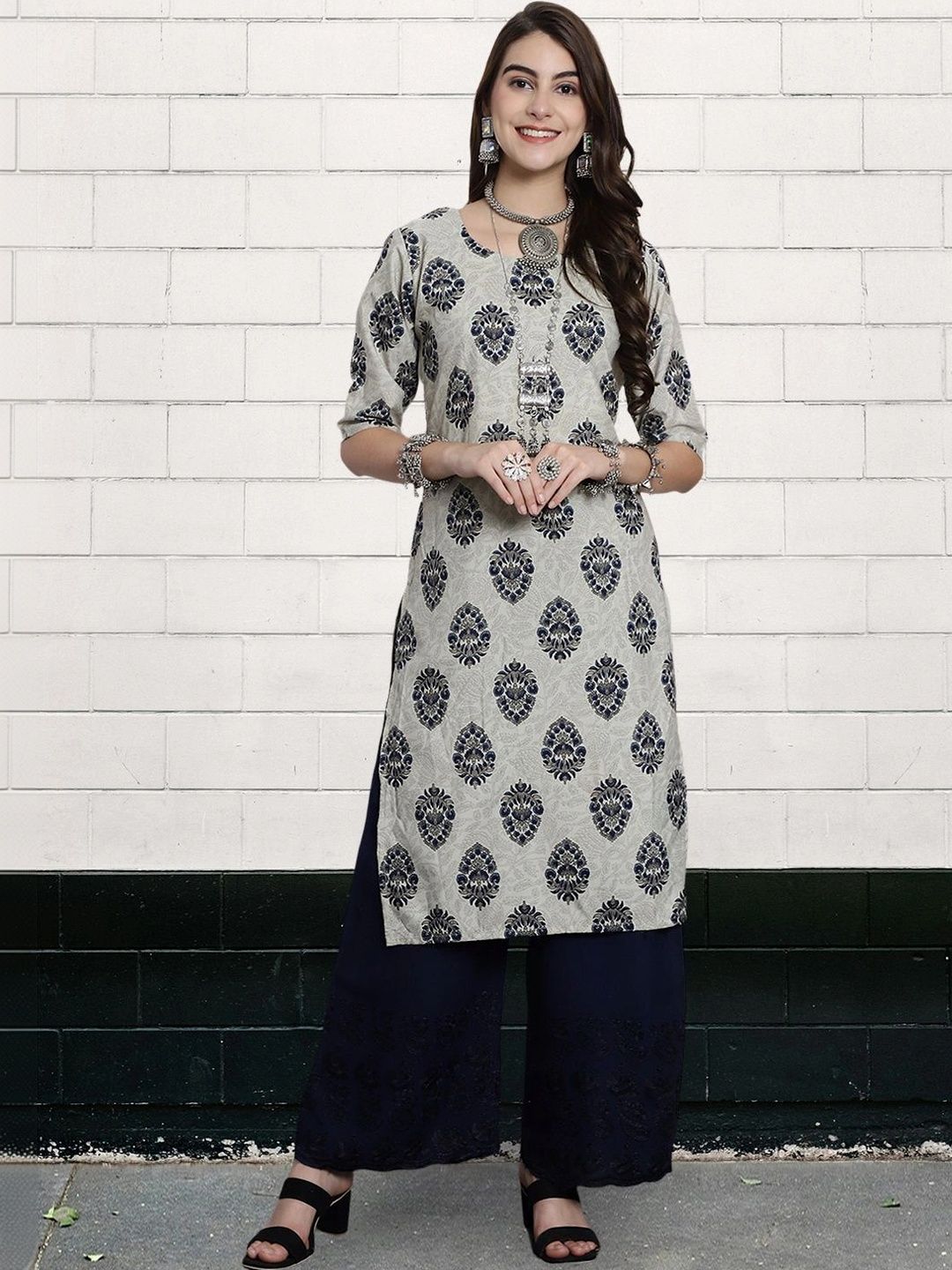 HERE&NOW Women Pack of 3 Ethnic Motifs Printed Crepe Kurtas-picture-23