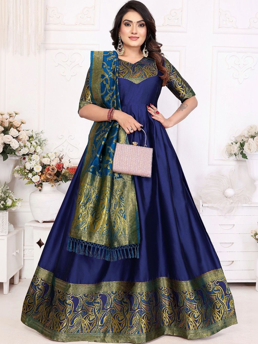 Kinjhit Fashion Woven Design V-Neck Gown Ethnic Dresses With Dupatta-picture-30