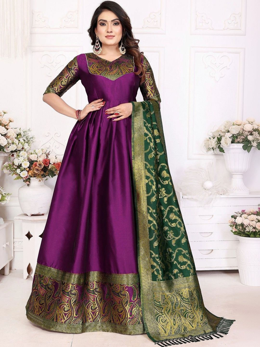 Kinjhit Fashion Woven Design V-Neck Gown Ethnic Dresses With Dupatta-picture-46