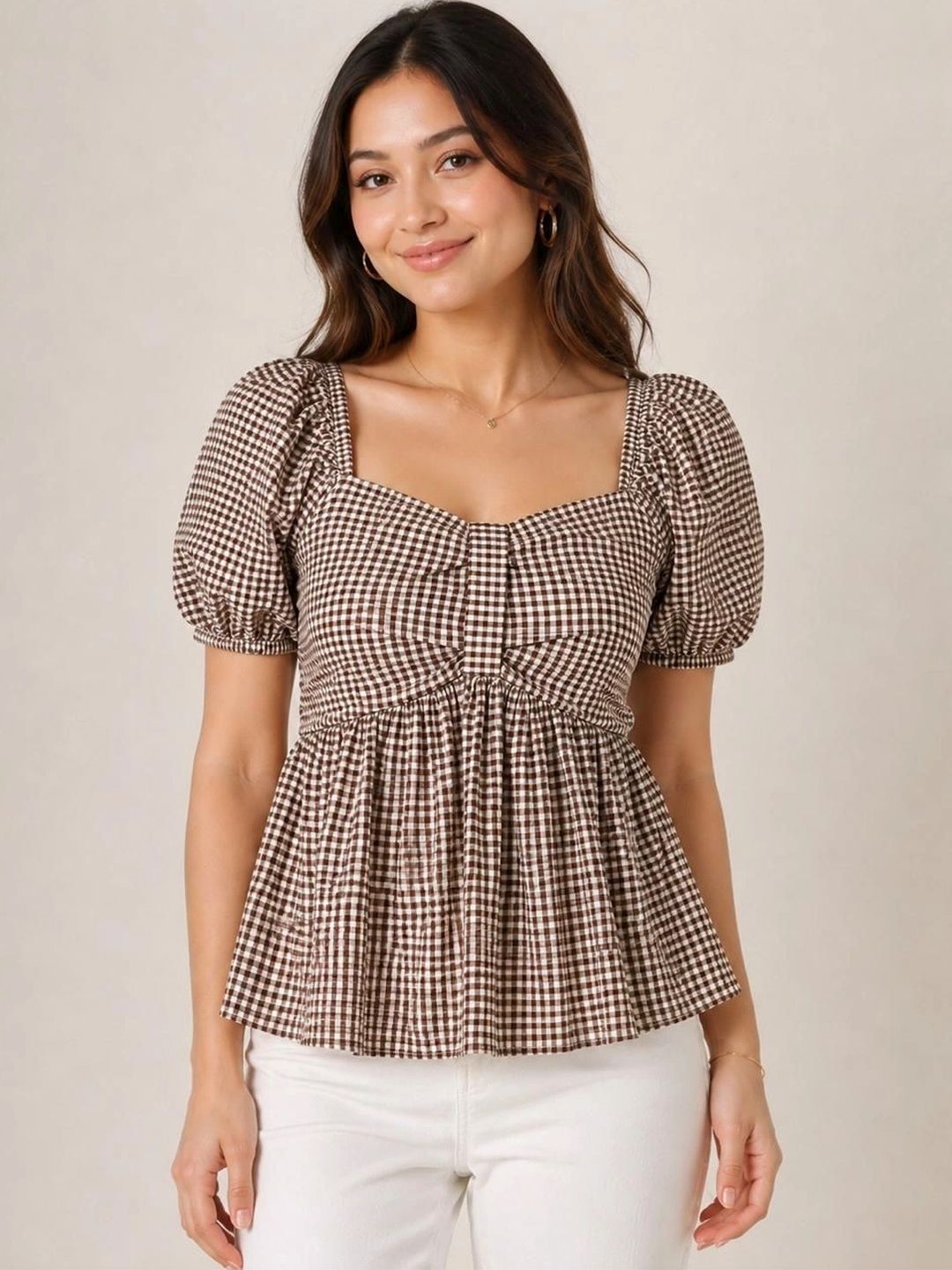 Just Fab Checked Puff Sleeve Smocked Peplum Top-picture-32