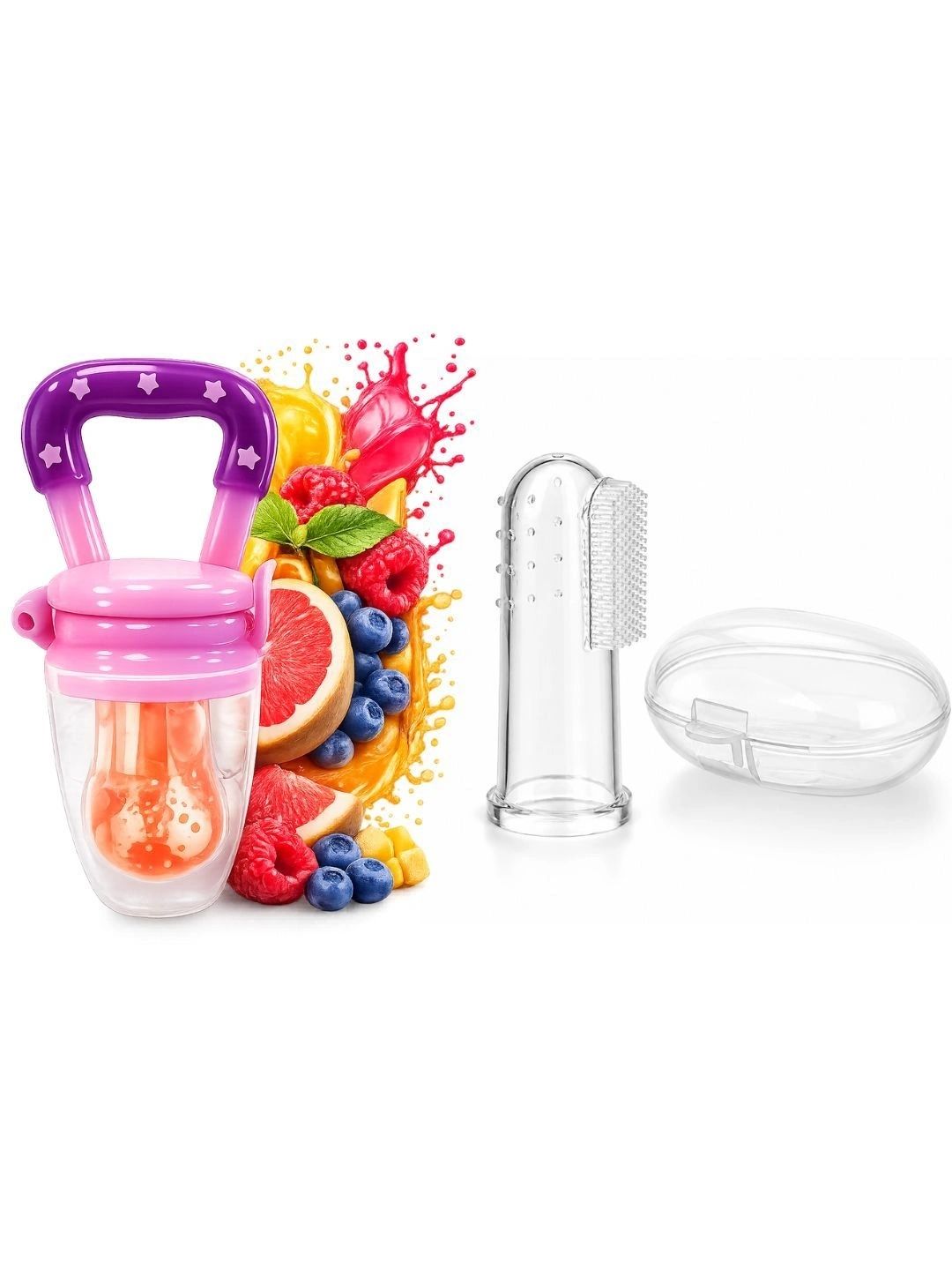 Crescent Infants Set Of 2 Transparent Food-Grade Fruit Food Feeder Nibbler & Finger Brush-picture-23