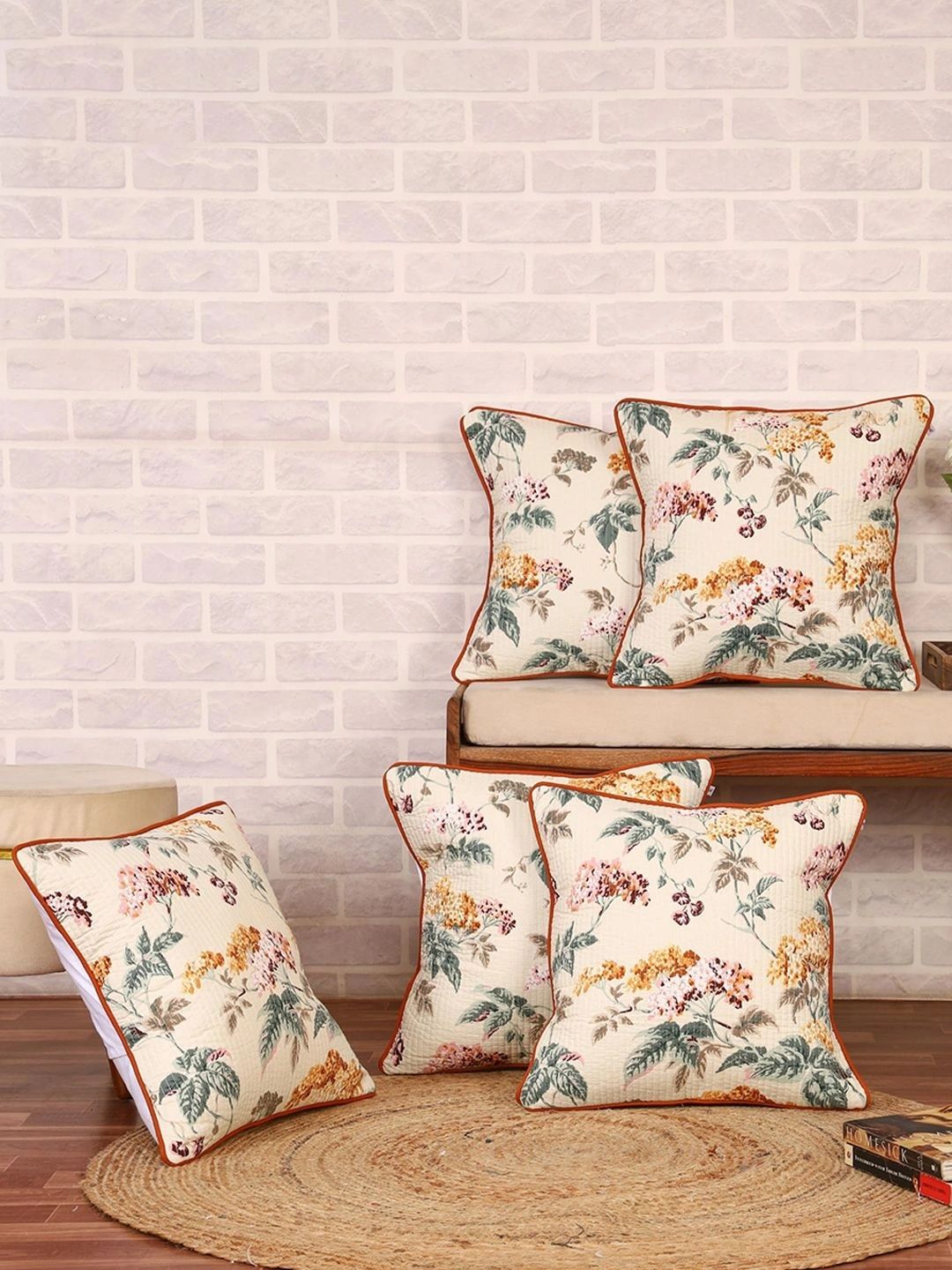 Aura White & Multicoloured Set of 5 Floral Square Cushion Covers-picture-14