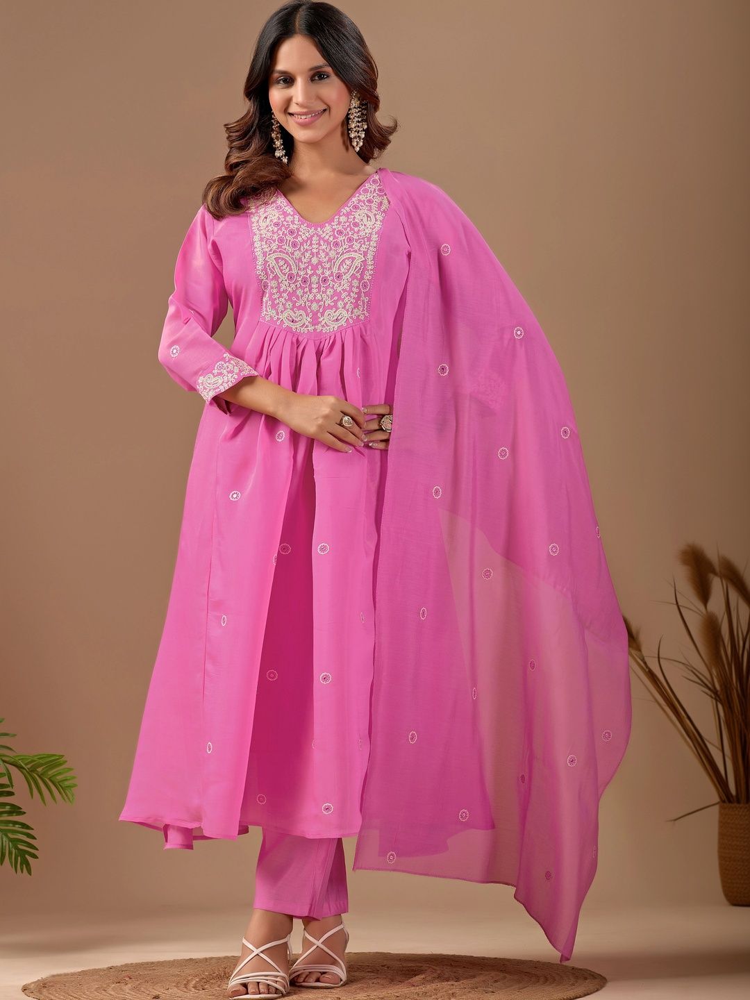 Maroosh Women Ethnic Motifs Embroidered Empire Thread Work Chanderi Cotton Kurta with Trousers & With Dupatta-picture-26