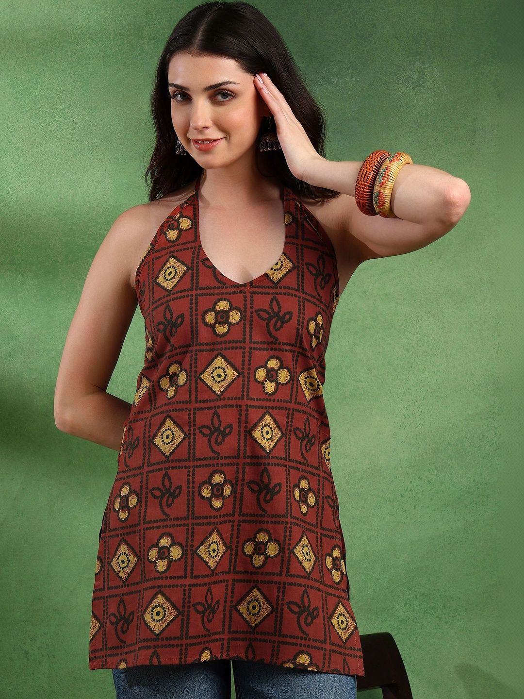 Anouk Rustic Bandhani Printed Halter Neck Pure Cotton Blend Kurti-image-48
