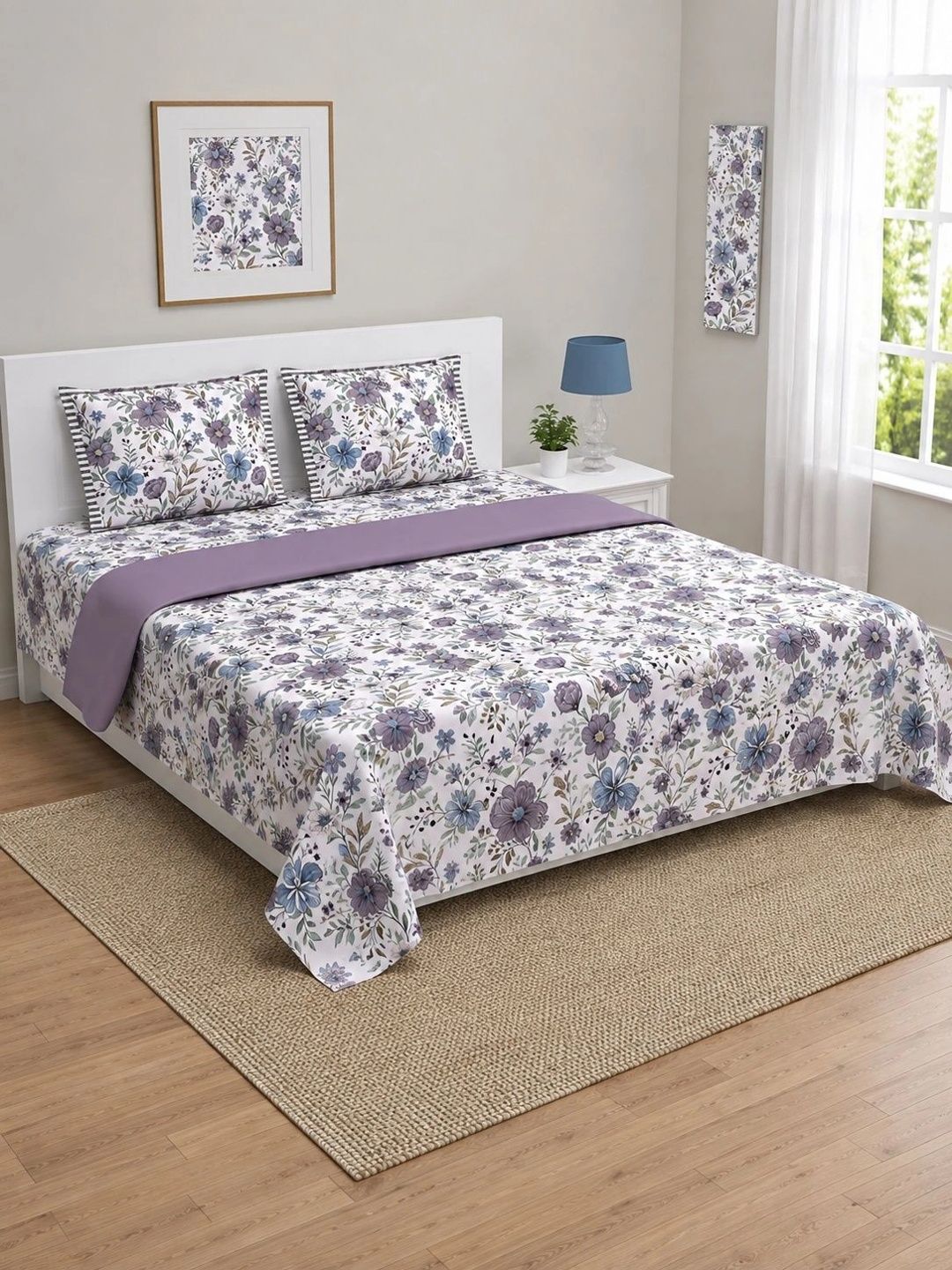 DecorGlobe Multicoloured & White Floral 180 TC King Bedsheet with 2 Pillow Covers-picture-31