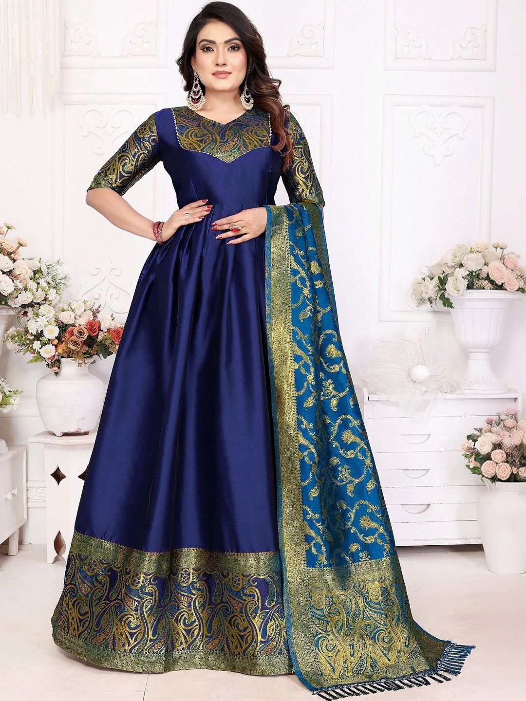 Kinjhit Fashion Woven Design V-Neck Gown Ethnic Dresses With Dupatta-image-30