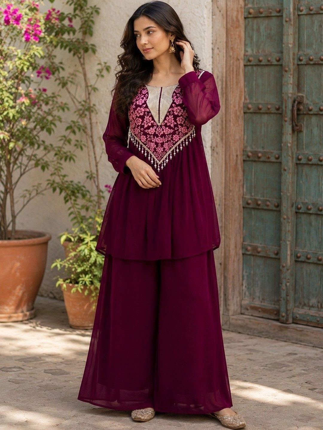 NORIVA Women Floral Embroidered Tiered Thread Work Kurta with Palazzos-picture-40