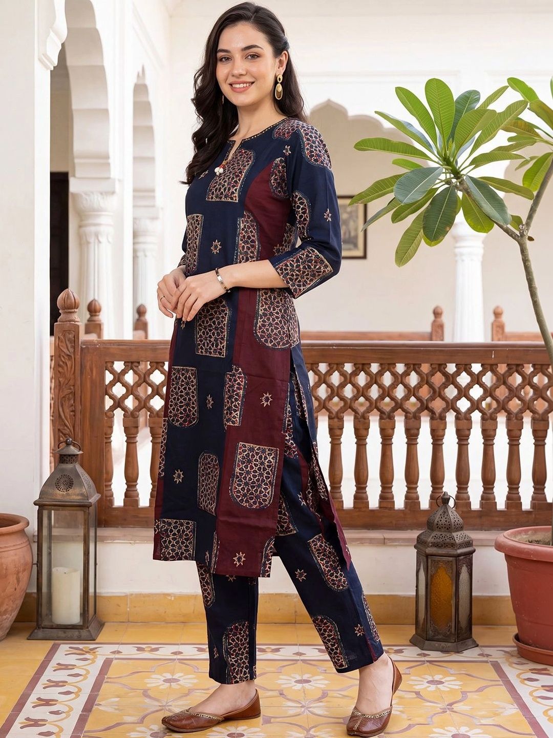 Indo Era Women Ethnic Motifs Printed Regular Pure Cotton Kurta with Trousers-picture-33