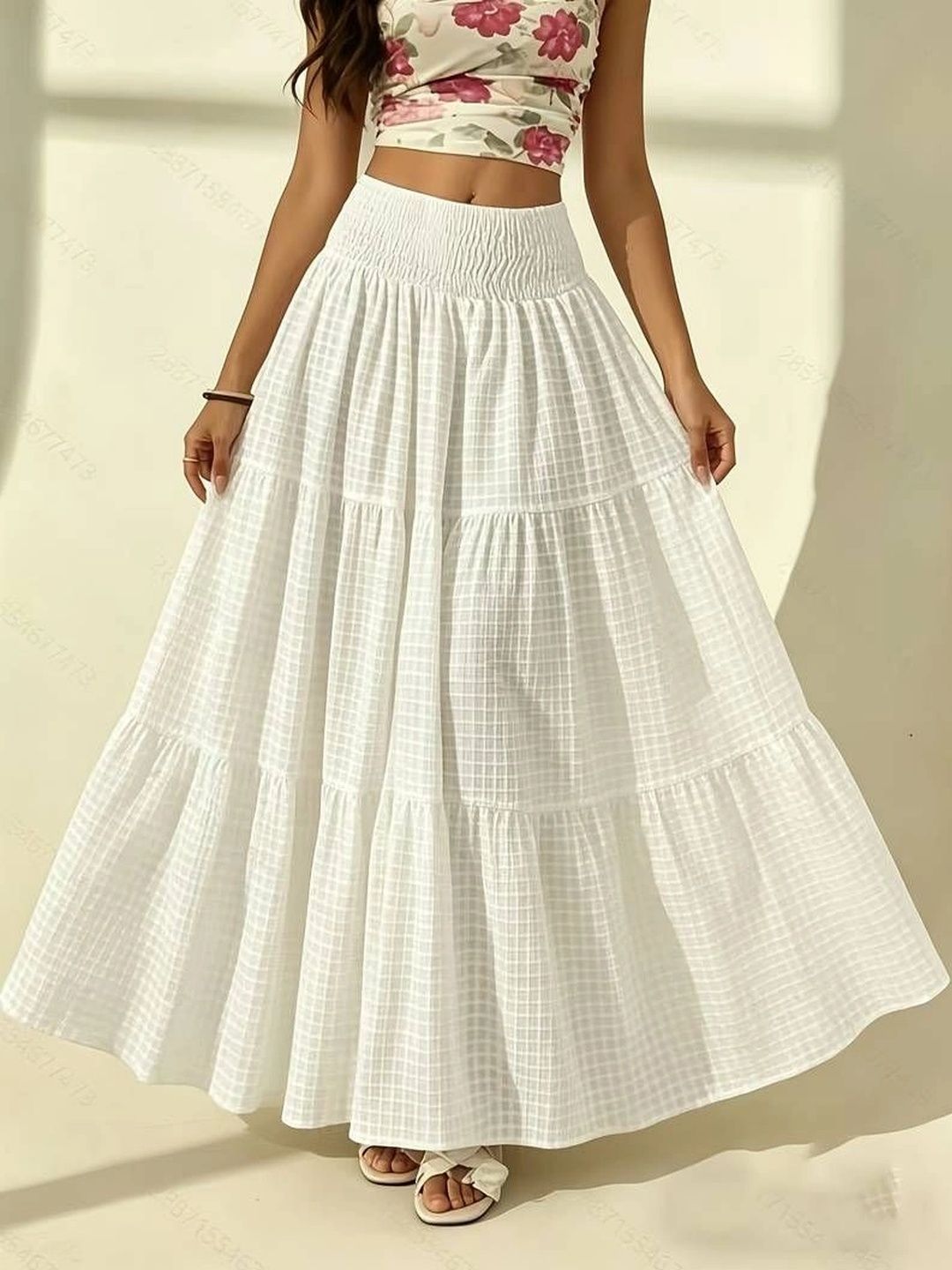 PTVIZE Women Checked Tiered Maxi Flared Skirt-picture-38