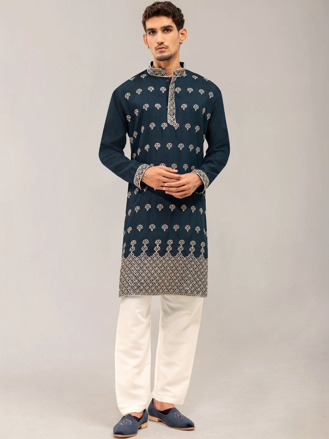 ADHIRAJAN Men Ethnic Motifs Embroidered Regular Thread Work Kurta with Trousers-picture-32