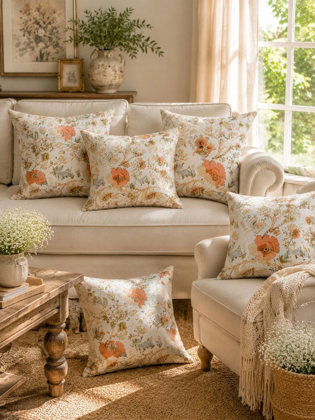 Aura Cream-Coloured Set of 5 Floral Square Cushion Covers-picture-40