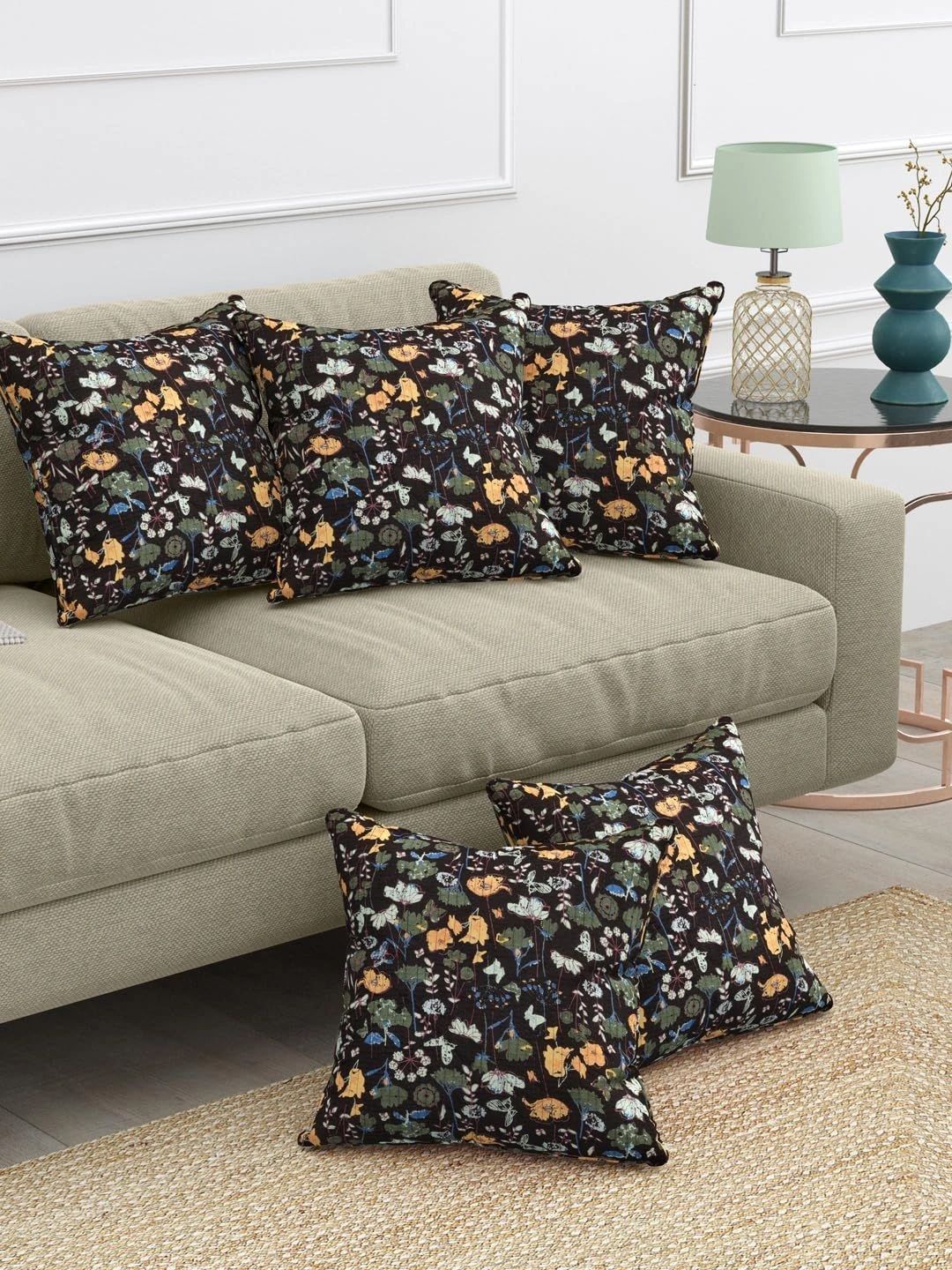Aura Yellow & Green Set of 5 Floral Square Cushion Covers-picture-46