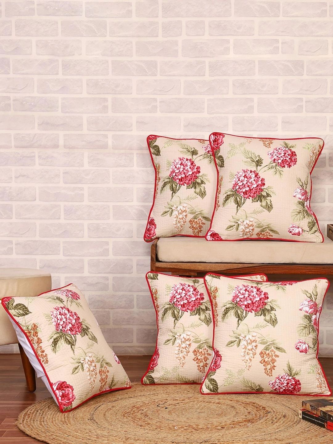 Aura Beige & White Set of 5 Floral Square Cushion Covers-picture-31